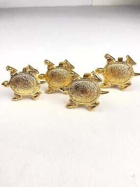 Set of 4 Gold Turtle Napkin Rings NWOT Textured Metal Coastal Table Decor